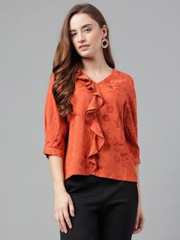 Latin Quarters - Rust Three Fourth Sleeves Self Design Casual Top