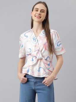 Latin Quarters - White Half Sleeves V-Neck Casual Printed Top