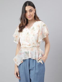Latin Quarters - White Flared Sleeves V-Neck Casual Printed Top