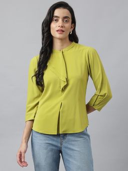 Latin Quarters - Green Three Fourth Sleeves Round Neck Casual Solid Top
