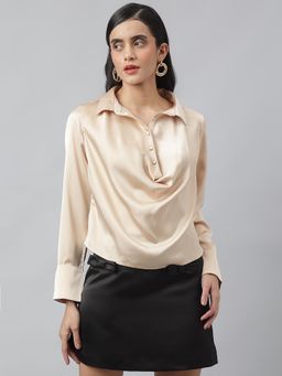 Latin Quarters - Beige Full Sleeves Collar Neck Casual Solid Top