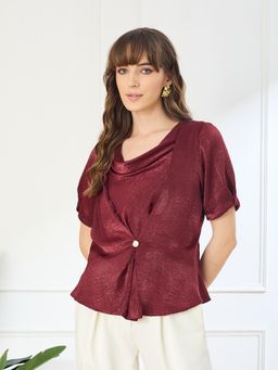 Latin Quarters - Maroon Half Sleeves Cowl Neck Casual Textured Top
