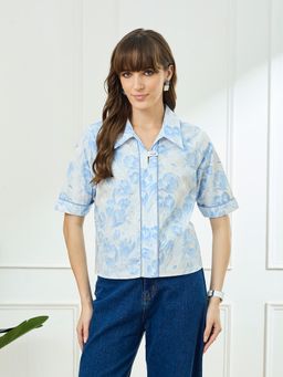 Latin Quarters - Blue Half Sleeves Collar Neck Casual Printed Crop Top