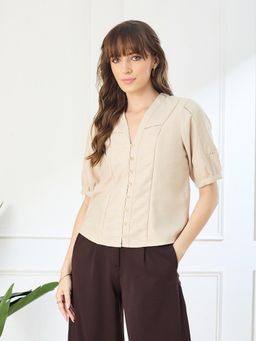 Latin Quarters - Beige Half Sleeves V-Neck Casual Solid Top