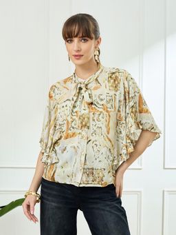 Latin Quarters - Mustard Half Sleeves Tie Neck Casual Printed Top