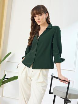 Latin Quarters - Green Three Fourth Sleeves Collar Neck Casual Solid Top