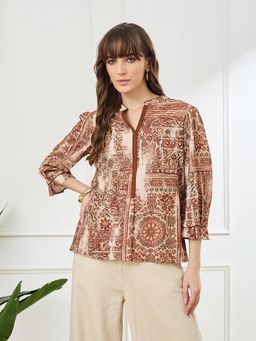 Latin Quarters - Rust Three Fourth Sleeves Mandarin Neck Casual Printed Tunic
