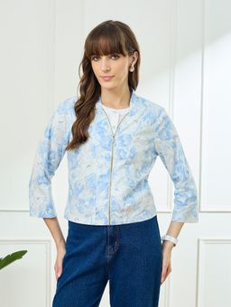 Latin Quarters - Blue Three Fourth Sleeves Stand Collar Casual Printed Crop Top