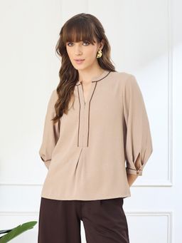 Latin Quarters - Beige Three Fourth Sleeves Mandarin Neck Casual Solid Top