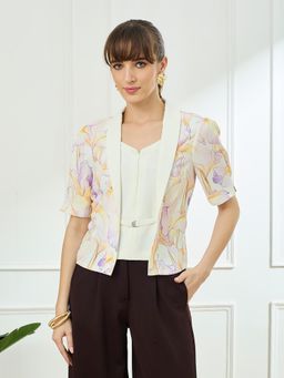 Latin Quarters - White Half Sleeves Shawl Lapel Casual Printed Top