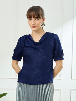 Latin Quarters - Navy Blue Puff Sleeves Cowl Neck Casual Solid Top