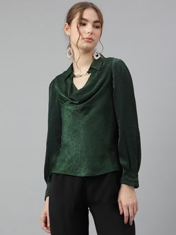 Latin Quarters - Green Full Sleeves Cowl Neck Casual Solid Top