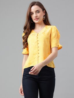 Latin Quarters - Yellow V-Neck Puff Sleeves Self Design Top