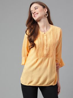 Latin Quarters - Yellow Textured Bell Sleeves Casual Tunic