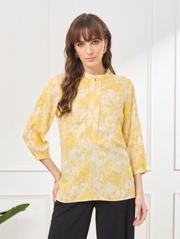 Latin Quarters - Yellow Three Fourth Sleeves Mandarin Neck Casual Printed Tunic
