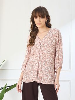Latin Quarters - Pink Three Fourth Sleeves V-Neck Casual Printed Tunic