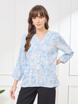 Latin Quarters - Blue Three Fourth Sleeves V-Neck Casual Printed Tunic