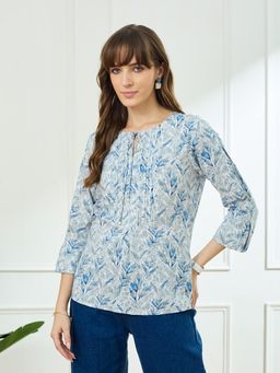 Latin Quarters - Blue Three Fourth Sleeves Tie Up Neck Casual Printed Tunic