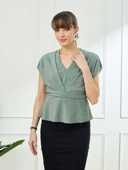 Latin Quarters - Green Cap Sleeves V-Neck Party Shimmer Top