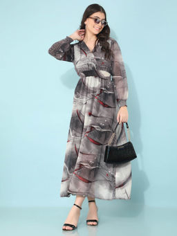 CRIMSOUNE CLUB - Womens Grey Printed Linen A-Line Dress
