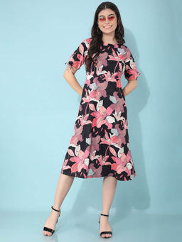 CRIMSOUNE CLUB - Womens Black Floral Print A-Line Dress
