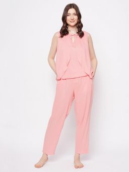 Clovia - Peach Rayon Solid Top and Pyjama (Set of 2)