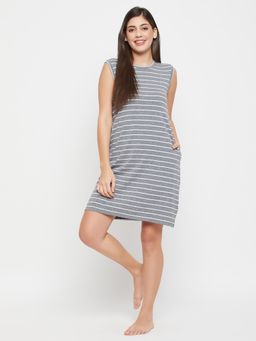 Clovia - Grey Cotton Stripes Short Night Dress