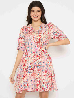 Madame - Paisley Print Elasticated Waist Pink Cotton Dress for Women