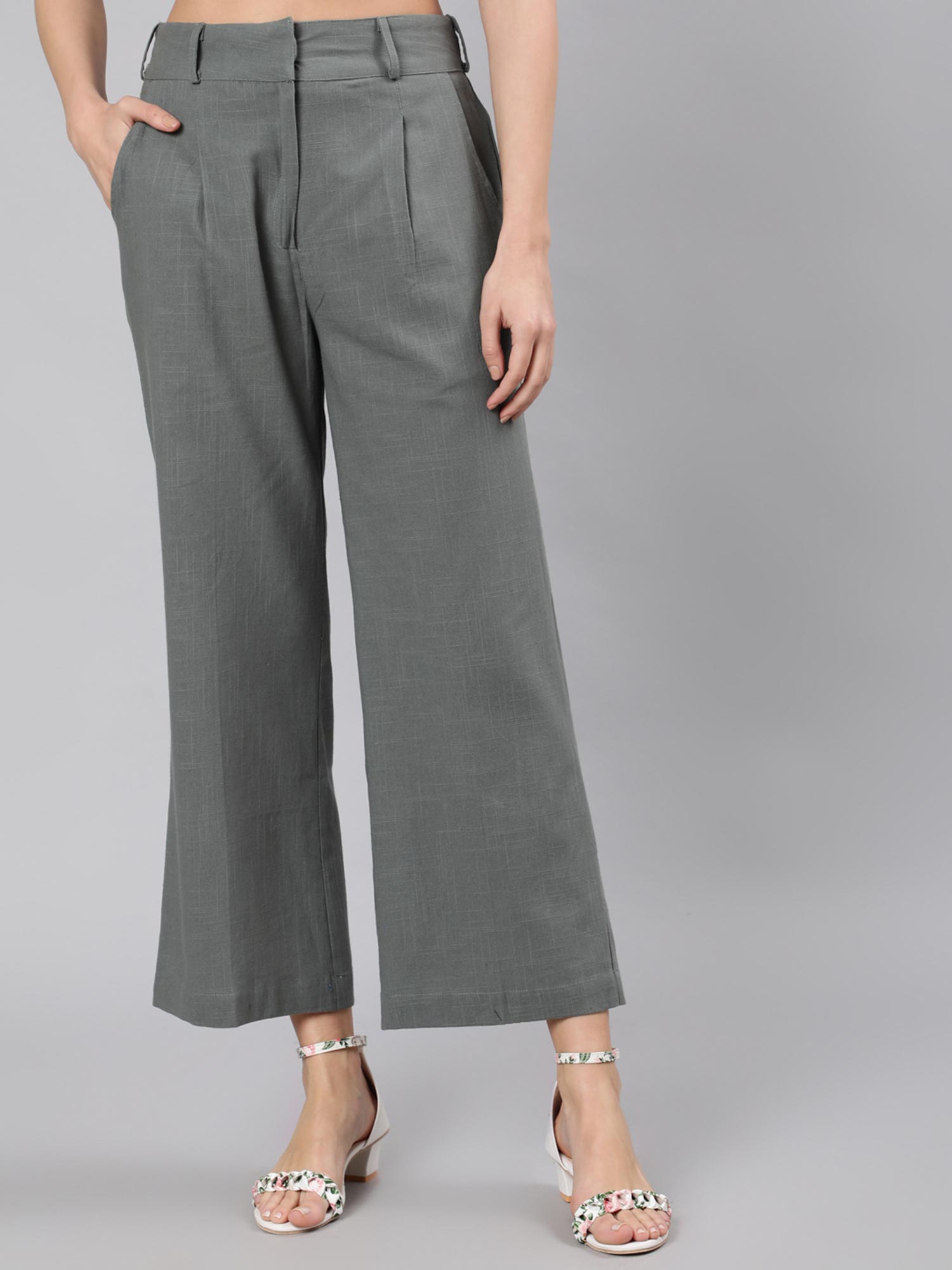 jaipur kurti Women Grey Cotton Slub Flared High Rise Parallel Pants-picture-30