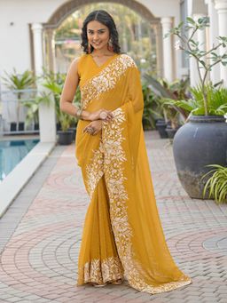 Tikhi Imli - Yellow Embroidered Saree With Unstitched Blouse