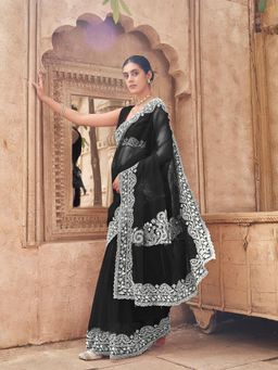 Tikhi Imli - Black Net Embroidered Saree With Unstitched Blouse