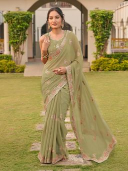 Tikhi Imli - Green Embroidered Saree With Unstitched Blouse