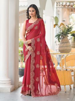 Tikhi Imli - Red Embellished Saree With Unstitched Blouse