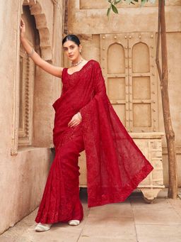 Tikhi Imli - Red Sequin Embellished Designer Saree With Unstitched Blouse