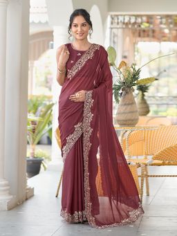 Tikhi Imli - Brown Shimmer Georgette Base Embroidered Saree With Unstitched Blouse