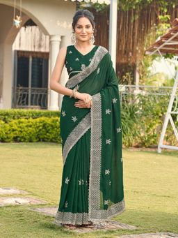 Tikhi Imli - Green Jari Embroidered Saree With Unstitched Blouse