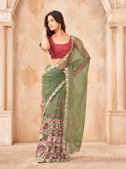 Tikhi Imli - Green Fancy Designer Net Saree With Unstitched Blouse