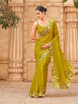 Tikhi Imli - Bright Green Designer Sequin Embroidered Saree With Unstitched Blouse