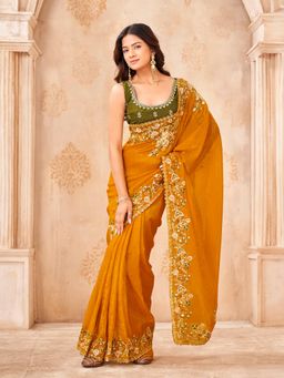 Tikhi Imli - Mustard Designer Embroidered Saree With Unstitched Blouse