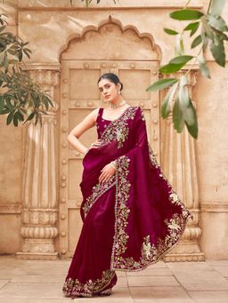 Tikhi Imli - Maroon Designer Sequin Embroidered Saree With Unstitched Blouse