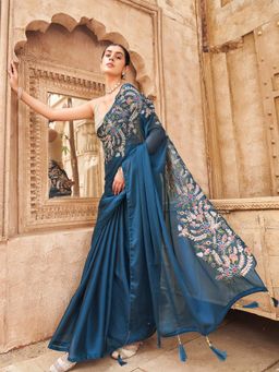 Tikhi Imli - Teal Satin Based Fancy Designer Saree With Unstitched Blouse