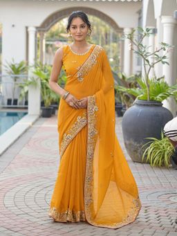 Tikhi Imli - Yellow Sequin Embroidered Saree With Unstitched Blouse