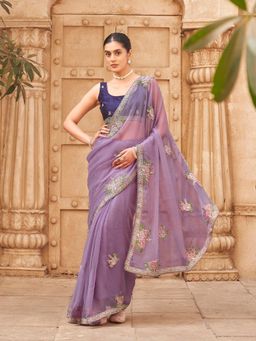 Tikhi Imli - Lavendar Designer Embroidered Saree With Unstitched Blouse