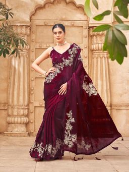Tikhi Imli - Maroon Satin Embroidered Designer Saree With Unstitched Blouse