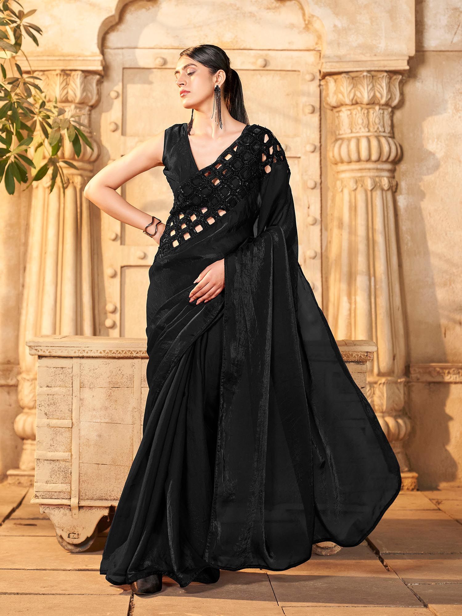 tikhi imli Black Satin Embroidered Designer Saree With Unstitched Blouse-picture-11