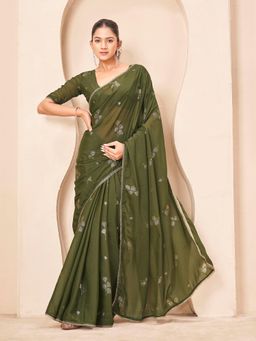 Tikhi Imli - Green Georgette Based Foil Saree With Unstitched Blouse
