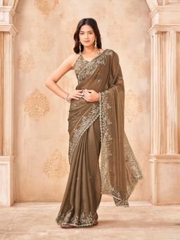 Tikhi Imli - Kakhi Designer Embroidered Saree With Unstitched Blouse