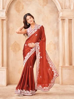 Tikhi Imli - Rust Heavy Embroidered Designer Saree With Printed Blouse with Unstitched