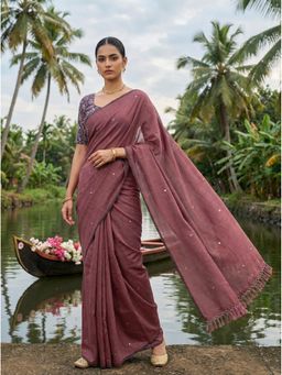 Tikhi Imli - Mauve Poly Cotton Embellished Saree With Unstitched Blouse