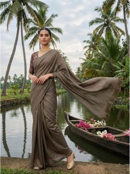 Tikhi Imli - Grey Poly Cotton Embellished Saree With Unstitched Blouse